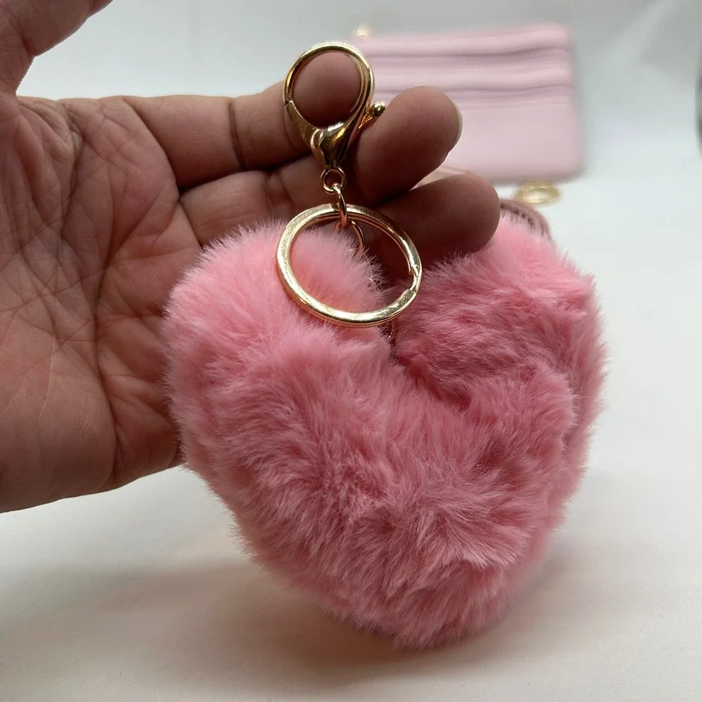 Clip and Go Set Light Pink Coin Purse Heart Keychain Woven Strap Gold